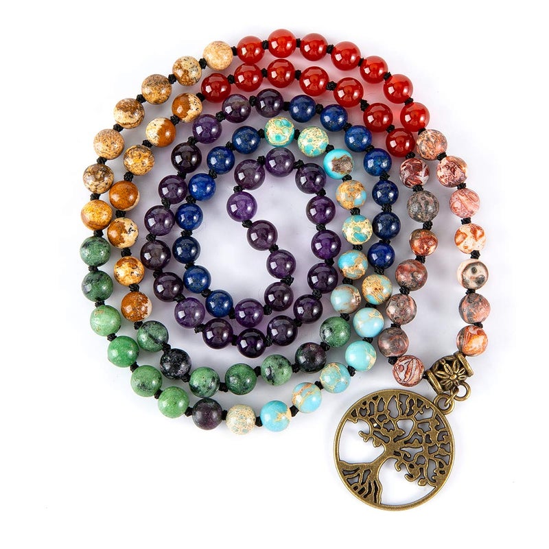 Bivei 7 Chakra 108 Mala Beads Bracelet Real Gemstone Yoga Meditation Hand Knotted Mala Prayer Bead Necklace(Life Tree-6mm beads) - Image 1